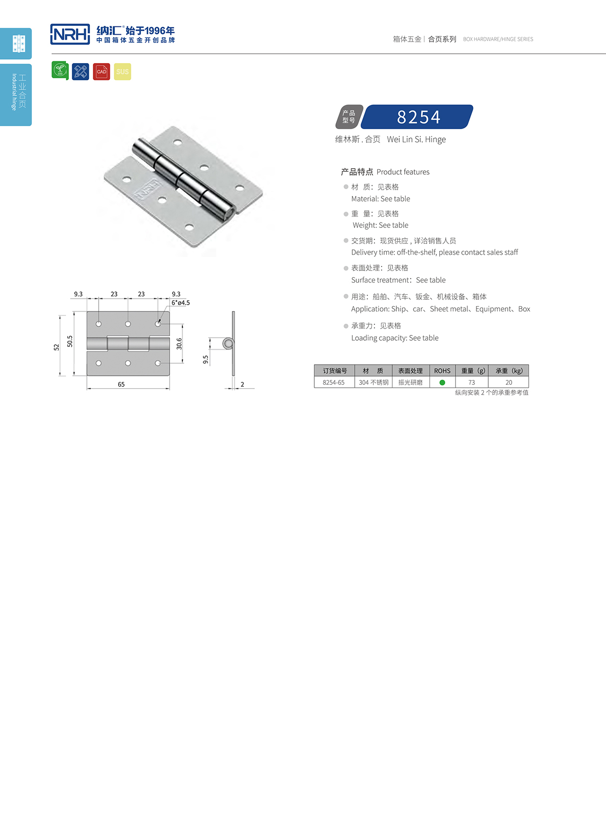 納匯/NRH 電箱不銹鋼合頁 8254-65 