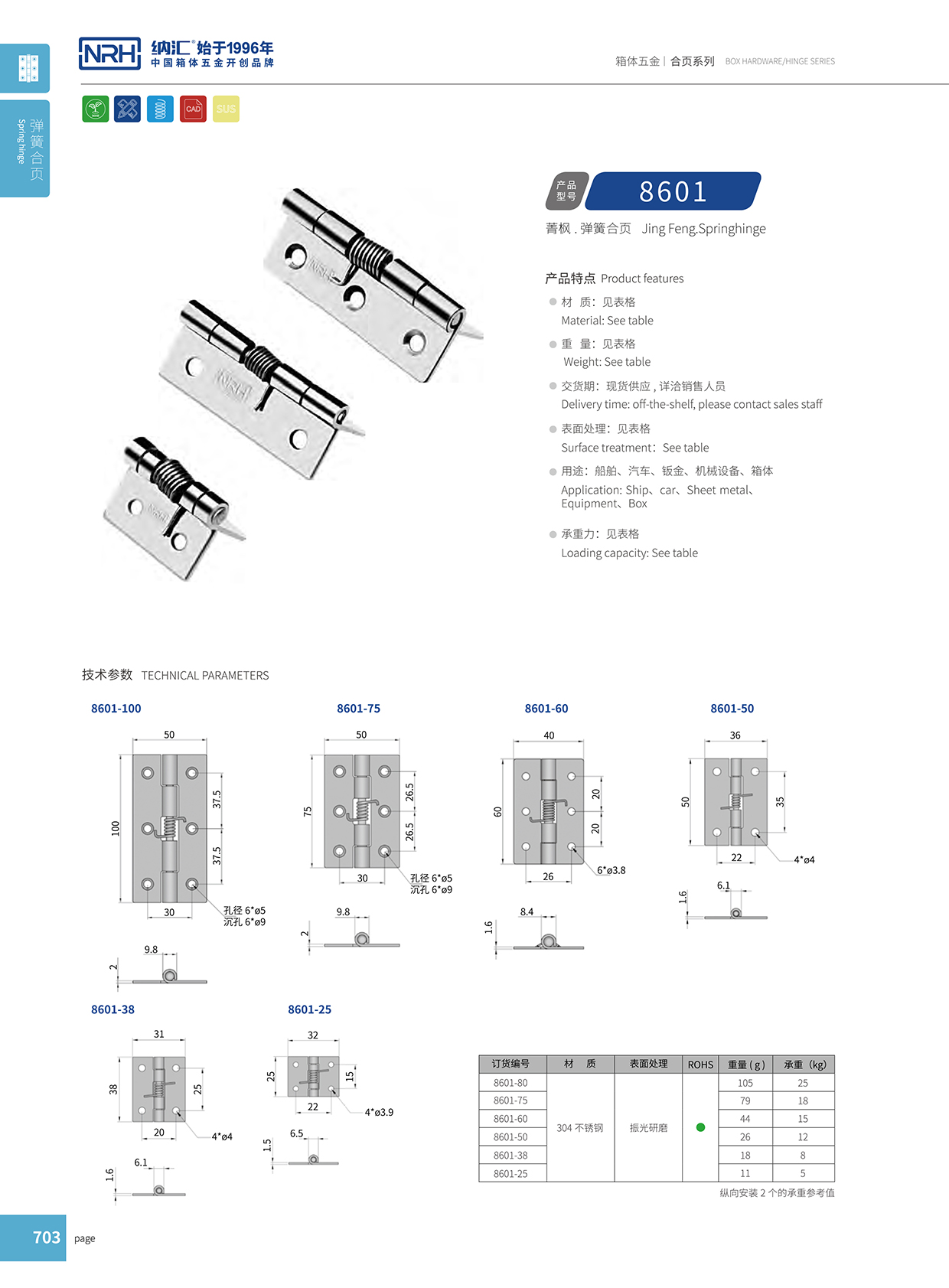 納匯/NRH 8601-60 滾塑箱不銹鋼合頁(yè)