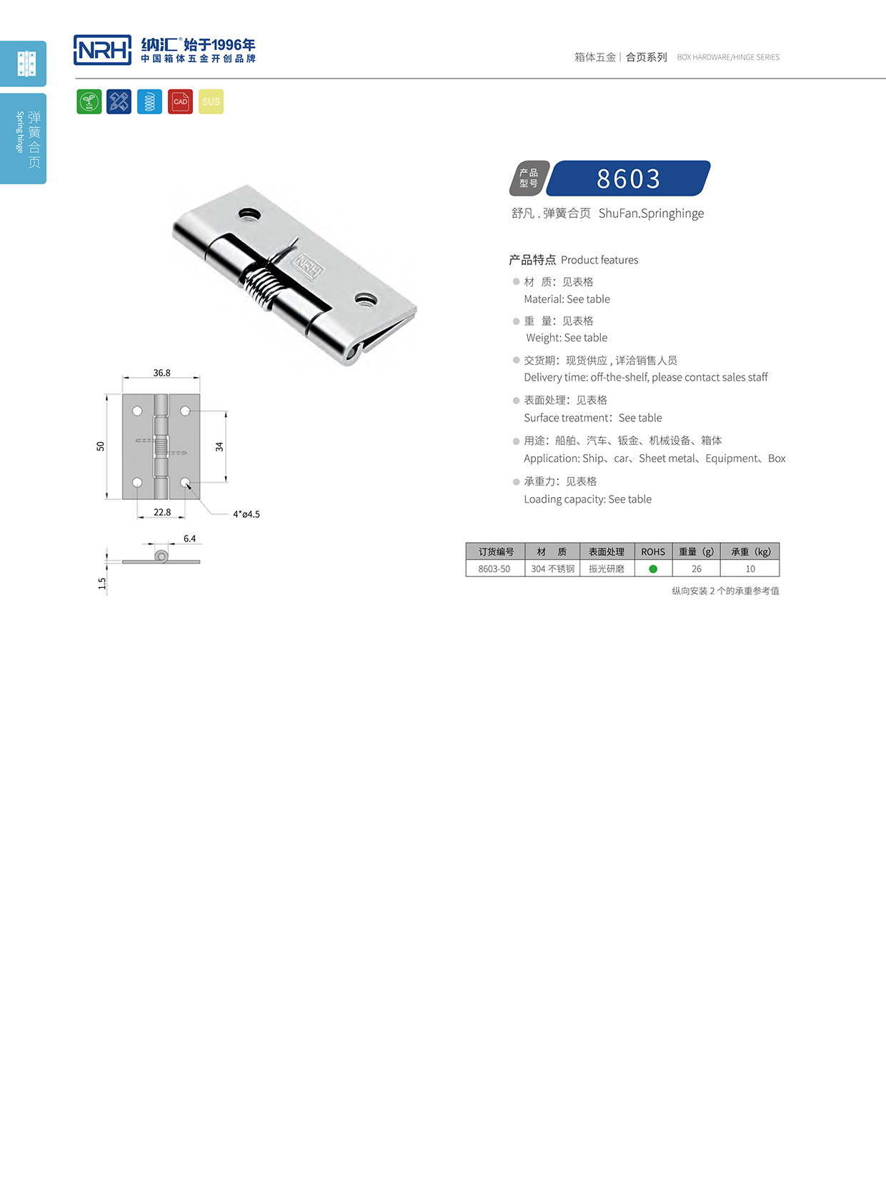 納匯/NRH 8603-50 滾塑箱不銹鋼合頁